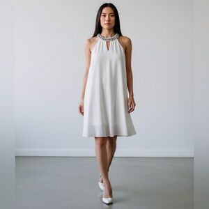 JJs House Beaded Halter Neck Sleeveless Dress Size Large White Chiffon Event